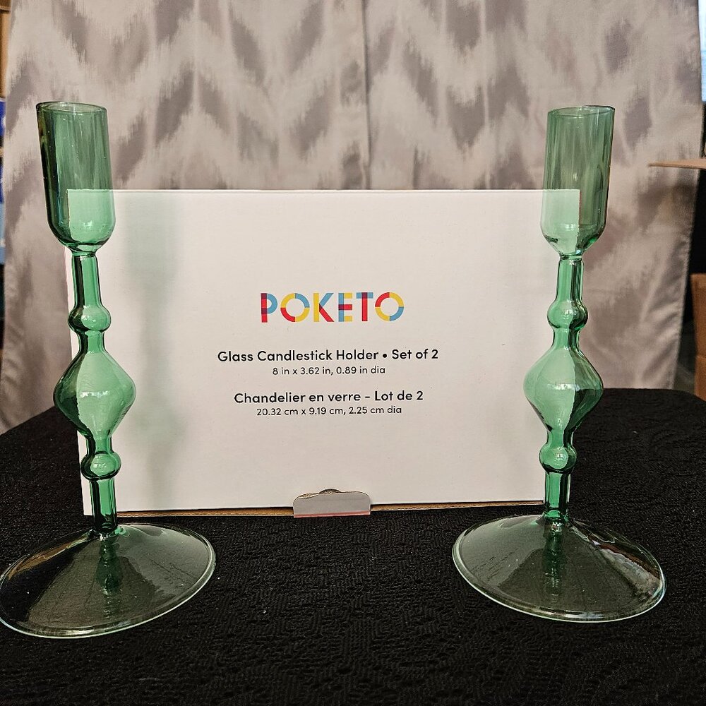 NIB Poketo Set of 2 Green Glass Candlestick Holders